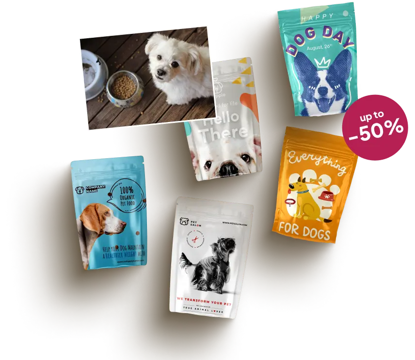 A selection of pet food and happy pets