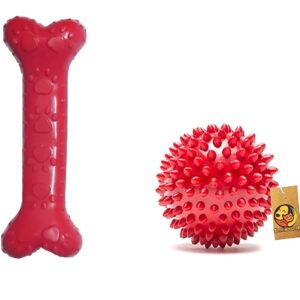 Foodie Puppies Dog Rubber Chew Toy Combo (Spike Ball Toy + Scented Paw Rubber Bone Toy) - Color May Vary